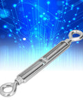 Heavy Duty 304 Stainless Steel Wire Rope Turnbuckle Tensioner With Adjustable Grip And Rust Proof Finish Built Different For Quick Setup On Outdoor Projects In M16 Size on blue background.