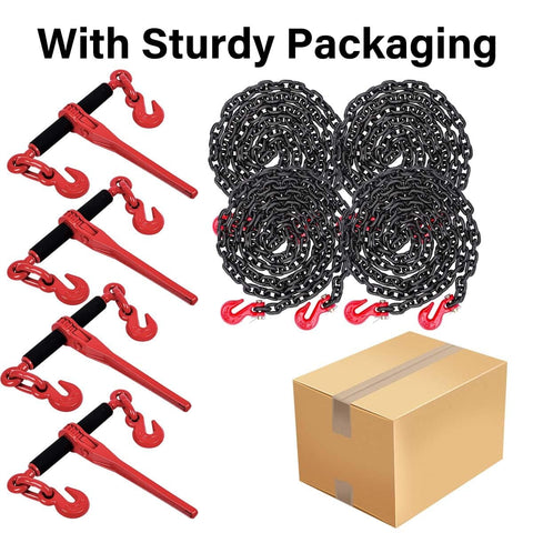 G80 Chain And Binder Set One Quarter To Five Sixteenths Inch Four Pack With Ten Foot Chains Ratchet Tie Down Binders