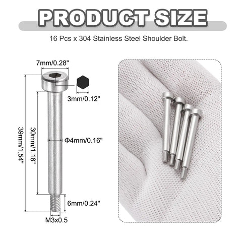Product size chart displaying dimensions of Rock Solid 16 Pcs 304 Stainless Steel Shoulder Bolts With Hex Socket M3x0.5 Thread.