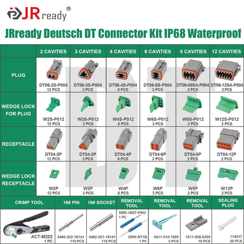 Deutsch DT Connector Kit IP68 Waterproof Beefed Up All In One 2 To 12 Pin Cavities with ACT M202 Crimp Tool displayed spread out