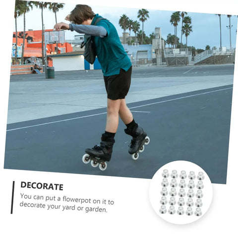 Person roller skating, inset of Stainless Steel Skate Wheel Bearing Spacers and Inline Skate Side Plugs Pack of 50.