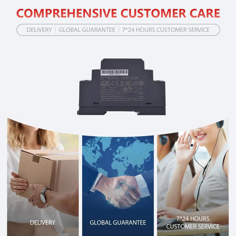 Ultra Slim DIN Rail Power Supply 24 Volt 0.63 Amp 15.2 Watt Compact Switching Adapter showing customer care service support.