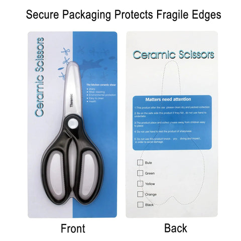 Hella Sharp 8.27 Inch Zirconia Ceramic Kitchen Scissors With Insulated Rustproof Blades And Non Magnetic Handle packaged safely.