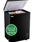 Compact Black Chest Freezer With 3.5 Cubic Feet Capacity, Space Saving Top Open Design, Hella Roomy Interior For Meat And Seafood Stashes, Plus Adjustable Thermostat To Keep Groceries Locked And Loaded Year Round, open lid showing stored seafood and meat.