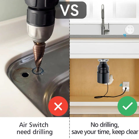 Comparison of air switch drilling vs. No Fuss Wireless Sink Top Garbage Disposal Switch Kit With On Off Remote installation without drilling.