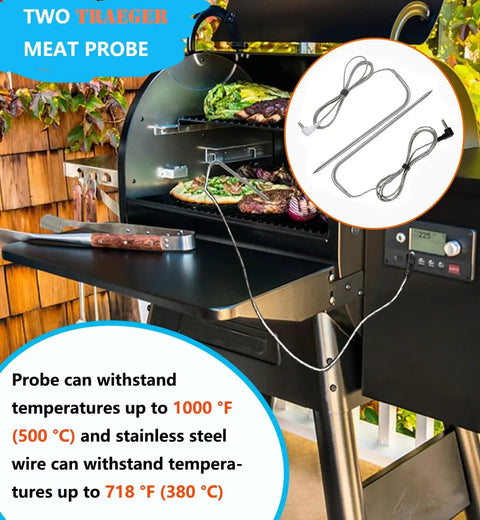 Replacement Meat Probe Kit for Wood Pellet Grills with high temp 1000 F probe, stainless steel wire shown with grill setup
