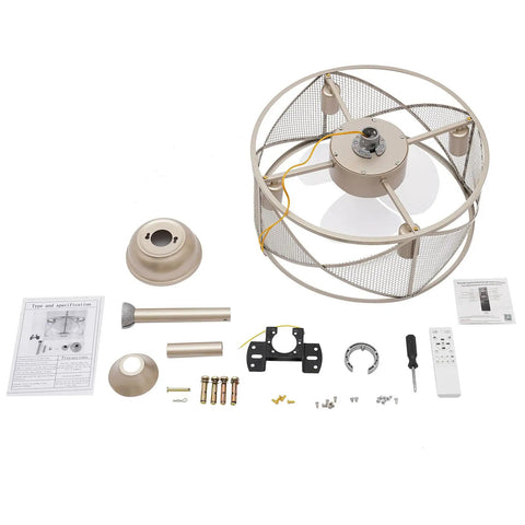 Ceiling Fan Light with 3 Blades, Reversible Airflow, Silent Operation disassembled parts and remote control on a white background.