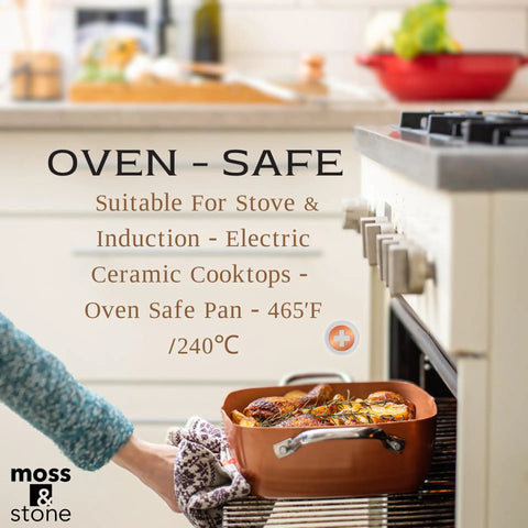 Copper Chef 5 Piece Nonstick Copper Cookware Set With Deep Fry Pan Fry Basket Steamer Rack And 5 Qt Square Pan Induction Ready Dishwasher And Oven Safe For Everyday Cooking shown in oven with roasted chicken