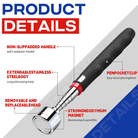 Telescoping Magnetic Pickup Tool 40 Lb Pull Heavy Duty with 30 Inch Reach Non Slip Extendable Magnet Tool product details