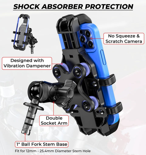 Motorcycle Fork Stem Phone Mount With Vibration Dampener And Anti Shake For A Rock Solid Grip One-Handed Operation installed view.
