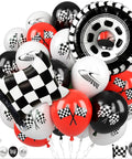 Lit Race Car Balloons Checkered Flag And Tire Balloons Red Black White Latex 12 Inch 35 Piece Party Decor Kit displayed