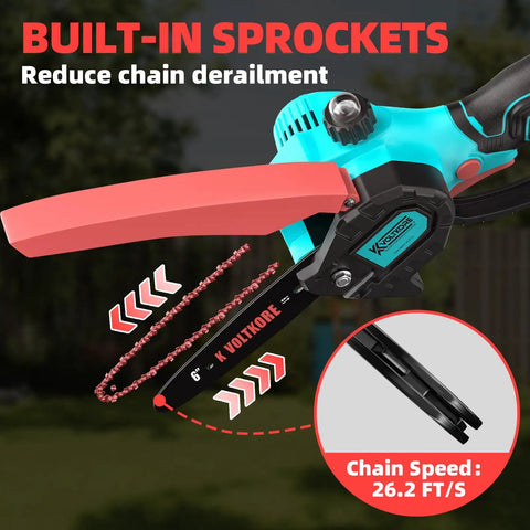 Close-up of 6-inch Compact Handheld Electric Chainsaw showing built-in sprockets for Powerful Brushless 6 Inch Cordless Mini Chainsaw For Quick Yard Cuts