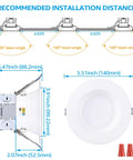 Diagram of All In One 8 Pack 5CCT 4 Inch LED Recessed Canless Downlights with dimensions and recommended installation distances
