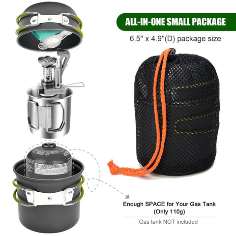 8 Piece Camping Cookware Mess Kit With Mini Backpacking Stove, Anodized Aluminum Nonstick Pots in compact carry bag