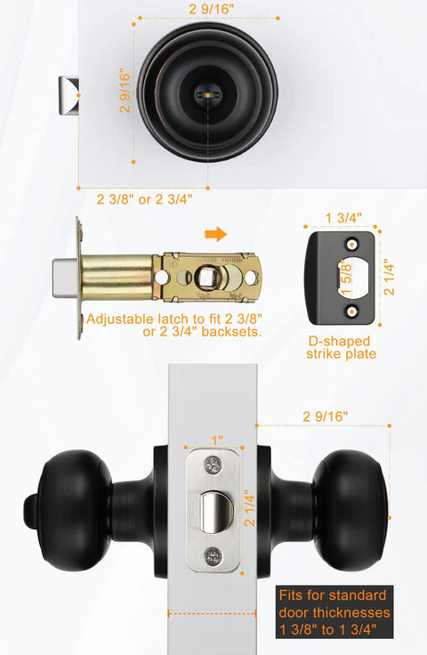 Oil-Rubbed Bronze Privacy Door Knobs For Interior Doors, No-Fuss Keyless Privacy Function, with adjustable backset and strike plate