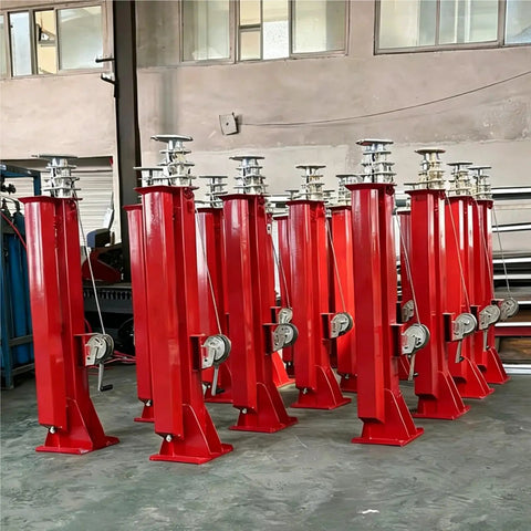 Built Different Heavy Duty Multi Stage Aluminum Telescopic Mast With Plug And Play Electric Lift And Backup Hand Crank For Satellite Antennas and Outdoor Comms Gear Up To Nine Meters in a factory setting.