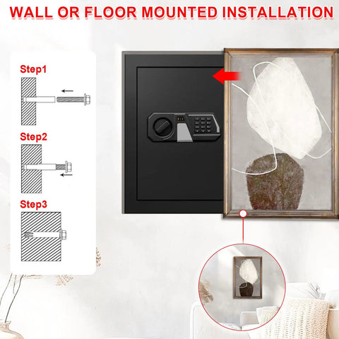 Massive Home Safe Box For Cash And Valuables With Digital Keypad, Fireproof And Waterproof Design shown in wall installation steps.