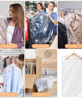 Clear Plastic Garment Bags For Hanging Clothes 90 Pack Heavy Duty Breathable PEVA Dry Cleaning Bags 24x35 Inches 60x90 Cm Water Resistant Cover showcased in various settings like dry cleaners and hotels.