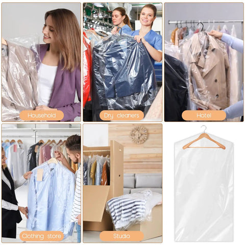 Clear Plastic Garment Bags For Hanging Clothes 90 Pack Heavy Duty Breathable PEVA Dry Cleaning Bags 24x35 Inches 60x90 Cm Water Resistant Cover showcased in various settings like dry cleaners and hotels.