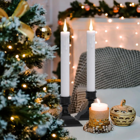 Eight Flameless Taper Candles With Remote Controls And Timer, Battery Operated LED With Real Wax Look, 9.64 Inch Ivory Window Candles, Cozy Warm Glow For Christmas Home Decor And Holiday Ambiance near Christmas tree.