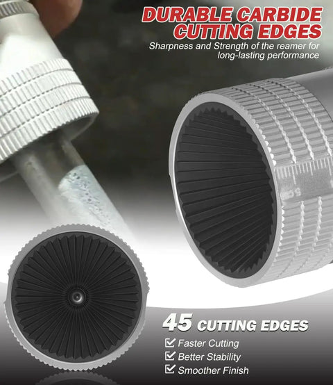 Close-up of heavy duty tubing reamer kit for one quarter to one and a quarter inch pipes inner or outer deburring tool