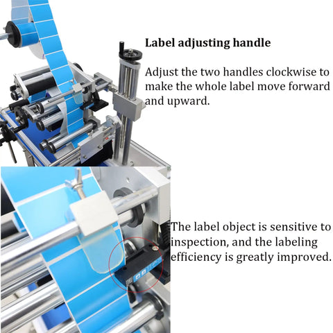 Label adjusting handle of Desktop Conveyor Plane Labeling Machine 110V Plug And Play Adjustable Bottle Label Applicator for precision.