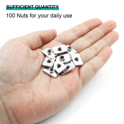 M5 Flat Sliding T Nuts 100 Pack For 2020 Series Aluminum Extrusion T Slot Profiles With 6mm Slot One Sixteenth Inch Thick Carbon Steel Build Heavy Duty Fastening Hardware For Quick Secure Adjustments, flat T nuts in hand