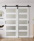 Double Bypass Barn Door With Frosted Glass And White Waterproof PVC Finish Includes Six Point Six Feet Track Hardware Kit Premium MDF Panels For Space Saving And Easy Assembly Fits Thirty Six By Eighty Four Inch Openings installed view
