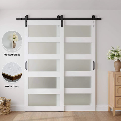 Double Bypass Barn Door With Frosted Glass And White Waterproof PVC Finish Includes Six Point Six Feet Track Hardware Kit Premium MDF Panels For Space Saving And Easy Assembly Fits Thirty Six By Eighty Four Inch Openings installed view