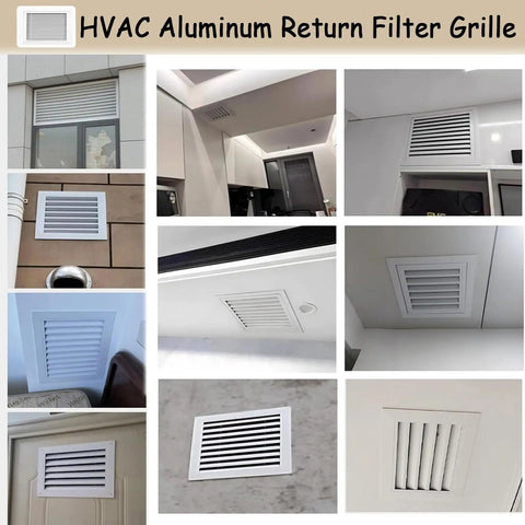 Heavy Duty Twenty By Twenty Six Inch Gray Return Air Filter Grille Featuring Slick Hinged Door Plug And Play Setup Pro Grade Louvered Duct Vent Cover Smooth Drywall Integration Ready in various installations.