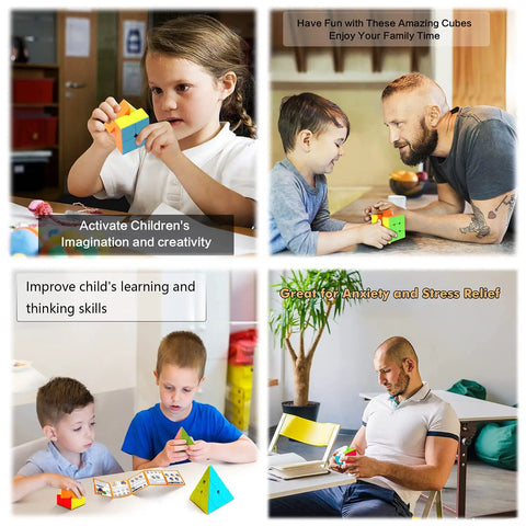Speed Cube Bundle Set Of 2x2 3x3 4x4 Megaminx And Pyramid Puzzles Stickerless Smooth Turning Five Pack for kids, teens, adults in use