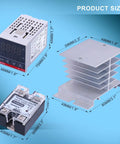 Digital Display PID Temperature Controller Thermostat Regulator With SSR 40DA, K Type Thermocouple, dimensions and parts shown