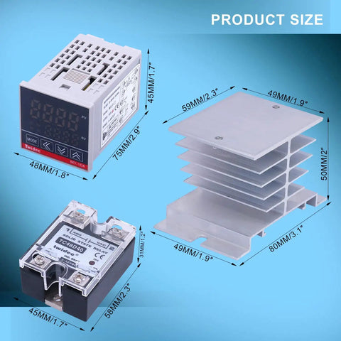 Digital Display PID Temperature Controller Thermostat Regulator With SSR 40DA, K Type Thermocouple, dimensions and parts shown