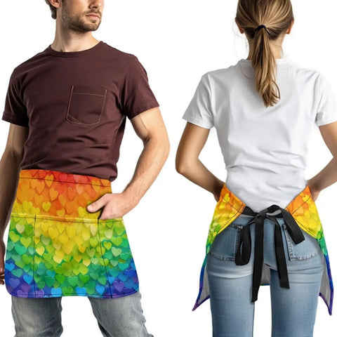 Rainbow Hearts 3 Pocket Waist Short Apron waterproof oil resistant half apron for restaurant waitstaff coffee shops barbers