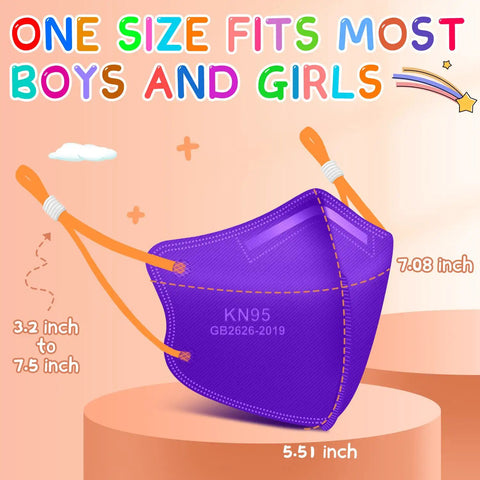 Kids KN95 Masks 50 Pack 5 Layer Disposable Face Masks In Multicolor Purple with Adjustable Ear Loops for Boys and Girls