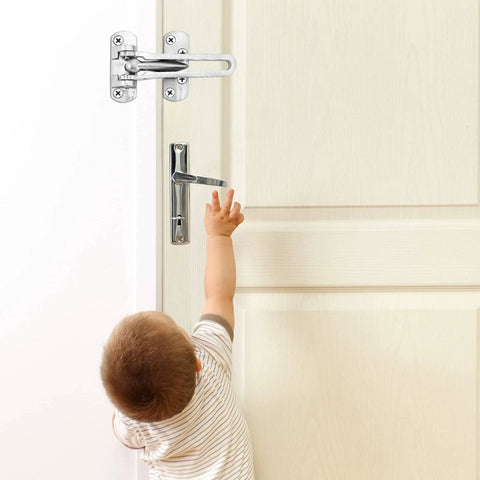 Sturdy Stainless Steel Door Lock Latch For Home And Hotel Security Built Tough With Chain SUS 304 Brushed Finish shown installed on a door.