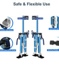 Image of 18 To 30 Inch Adjustable Drywall Stilts Durable Professional Grade Lightweight Aluminum Tool Stilt For Sheetrock Painting Painter Taping Blue Built Tough With Knee Pads For Safer Smoother Wall Work, highlighting the blue aluminum stilts with zoomed views of heel bracket, buckle straps, springs, and soles for flexibility.