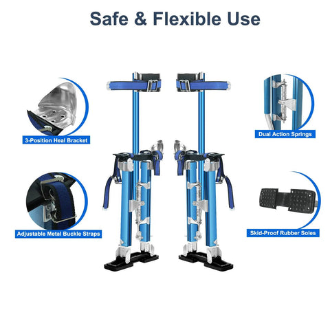 Image of 18 To 30 Inch Adjustable Drywall Stilts Durable Professional Grade Lightweight Aluminum Tool Stilt For Sheetrock Painting Painter Taping Blue Built Tough With Knee Pads For Safer Smoother Wall Work, highlighting the blue aluminum stilts with zoomed views of heel bracket, buckle straps, springs, and soles for flexibility.