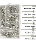 120 Piece Blind Rivet Kit With Aluminum Dome Head Rivets M3.2 And M4, assorted sizes, with labeled compartments in a plastic case
