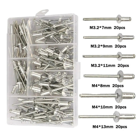 120 Piece Blind Rivet Kit With Aluminum Dome Head Rivets M3.2 And M4, assorted sizes, with labeled compartments in a plastic case