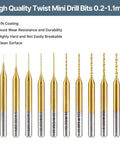 10 Pcs Micro Drill Bit Set 0.2mm to 1.1mm With 1 Eighth Inch Shank Spiral Flute CNC Router Bits for PCB Circuit Boards Jewelry Stone Engraving and DIY Projects Pro Grade, gold-colored and silver drill bits displayed on white background, TIN coated with durability features listed on top-left corner.