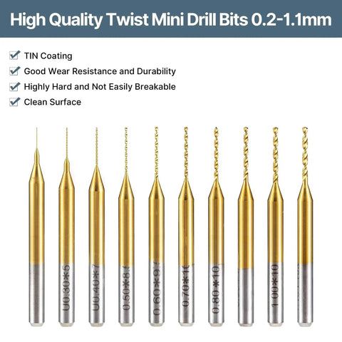 10 Pcs Micro Drill Bit Set 0.2mm to 1.1mm With 1 Eighth Inch Shank Spiral Flute CNC Router Bits for PCB Circuit Boards Jewelry Stone Engraving and DIY Projects Pro Grade, gold-colored and silver drill bits displayed on white background, TIN coated with durability features listed on top-left corner.