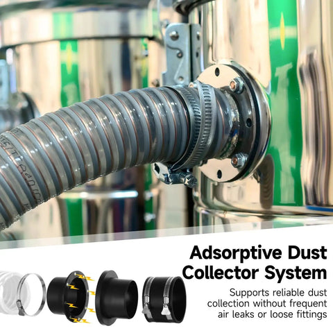 YHomU Adsorptive Dust Collection Kit For Woodworking Tools Includes 4 Inch Hoses Connector And Couplers Fast Change Airtight Seal System Easy Setup For Shop Cleanup Efficient Performance with hose connected to dust collector.