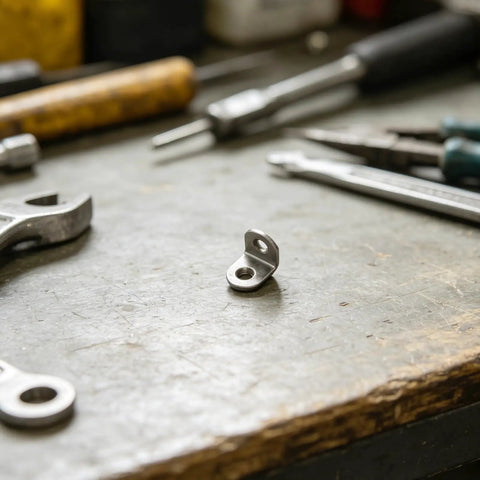 Close-up of a Beefy Heavy Duty Stainless Steel L Bracket from 40 Pack set on a workbench with tools, showing 90-degree angle.