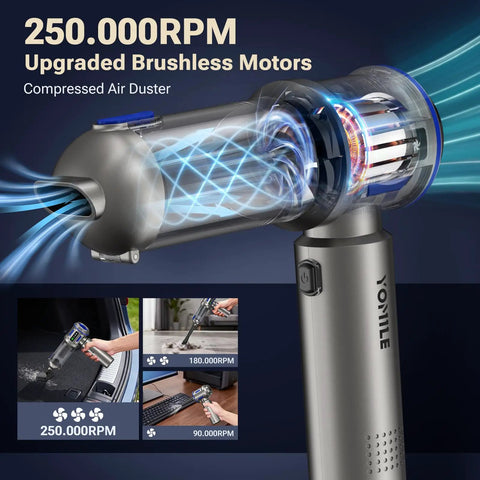 2 In 1 Mini Vacuum Cleaner With Air Duster And Suction Function 27000Pa Brushless Car Vacuum showing 250,000 RPM motor details