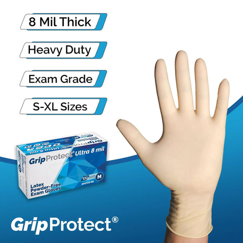 Heavy Duty 8 Mil Latex Gloves Powder Free 100 Count Thick Disposable Gloves shown on hand for exam use.