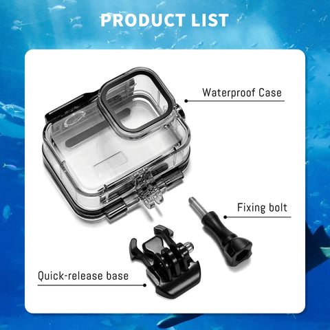 Waterproof Action Camera Housing For 13 12 11 10 9, 196 Feet Deep Underwater Case with accessories and release base