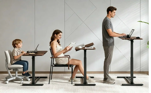 Solid Mobile Standing Desk With Pneumatic Lift And Tilt Top, Smooth Swivel Casters, Heavy Duty Steel Frame Walnut Laptop Workstation For Home Office Flex Bedside Chill used by a woman reading and a man working.