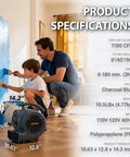Father and son painting wall with High Velocity 1100 CFM Industrial Air Mover Blower Fan details overlay; blue fan on floor
