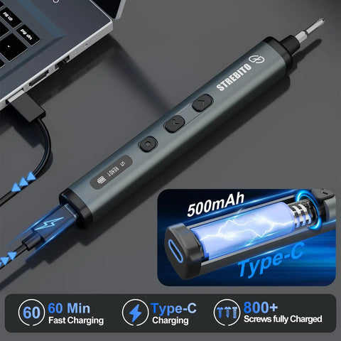Mini Electric Screwdriver Cordless 78 In 1 Set With 72 S2 Bits 5 Gear Torque Digital Display Repair Kit shown charging via Type-C